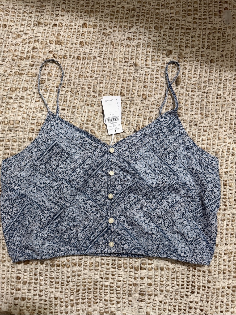 American Eagle Blue Printed Spaghetti Strap Crop Top with Button Front